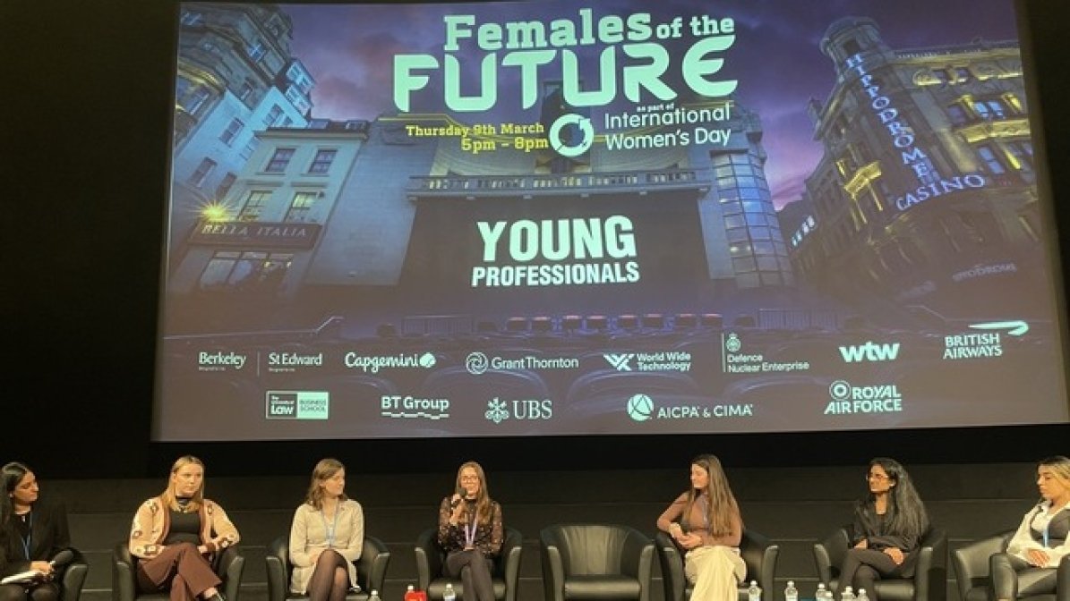 Rosie Brown, Chartered Management Degree Apprentice at BT speaking on a panel at a Females of the Future event 