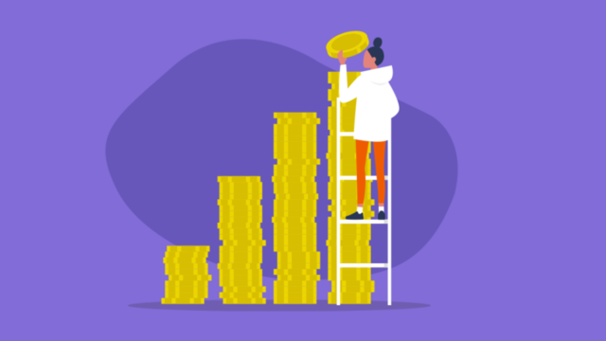 Graphic of person climbing ladder on a pile of coins