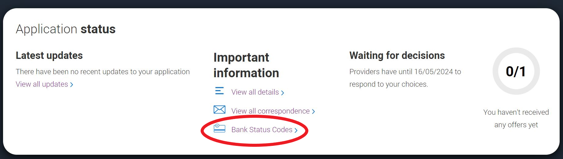 UCAS application screenshot highlighting bank status codes link