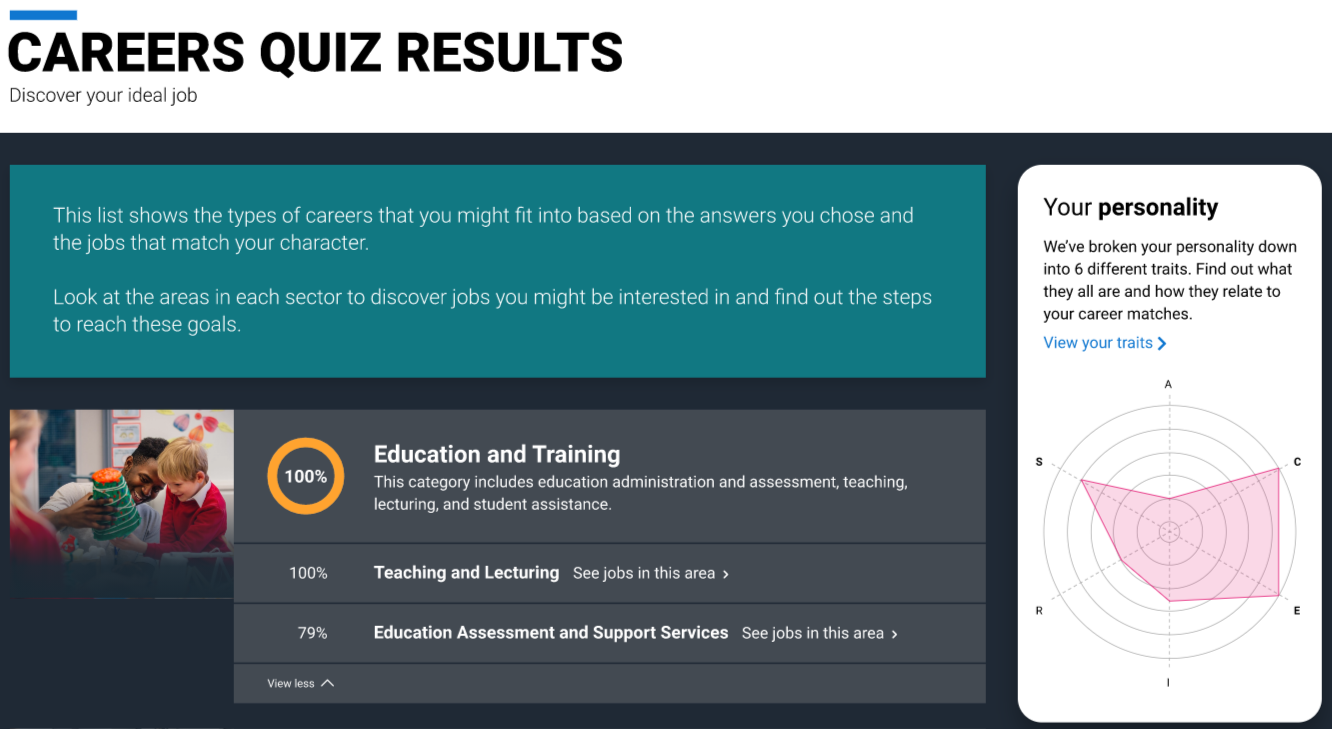 UCAS' Careers Quiz results screenshot