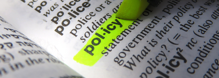 The word 'policy' highlighted in a dictionary