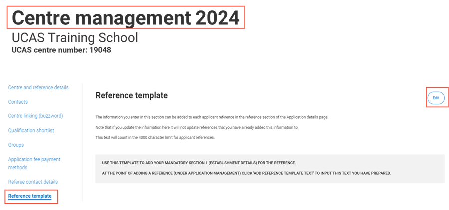 Screen shot of reference template 2024 in UCAS' adviser portal